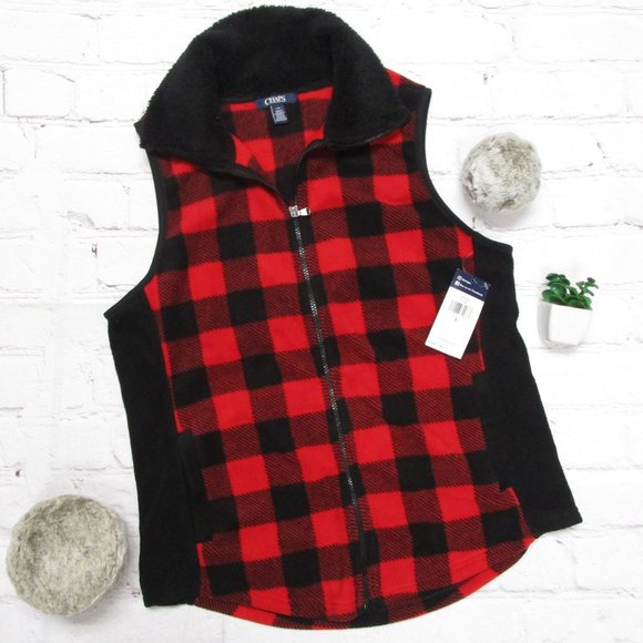 Chaps Sport Red & Black Buffalo Plaid Super Soft Fleece Vest (L) - NWT :-) - Picture 2 of 7